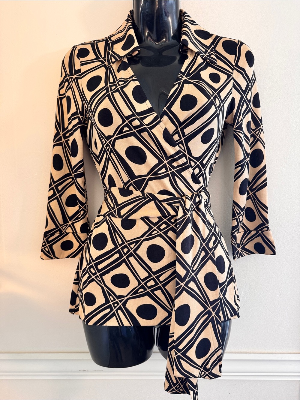 Diane Von Furstenberg Vintage Beige and Black Geometric Wrap Blouse